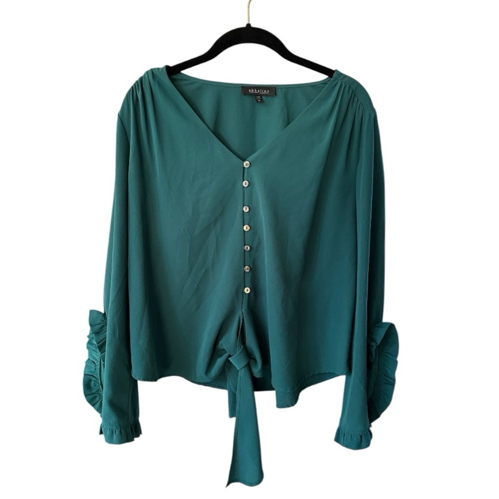 Abbeline Anthropologie Teal Green Ruffle Sleeve Front Tie V-Neck Blouse Boho …